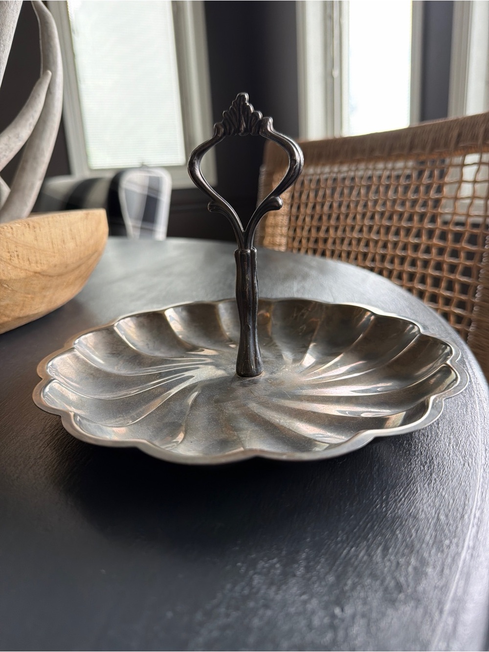 Vintage Silver-Plated Scalloped Serving Tray with Ornate Handle
